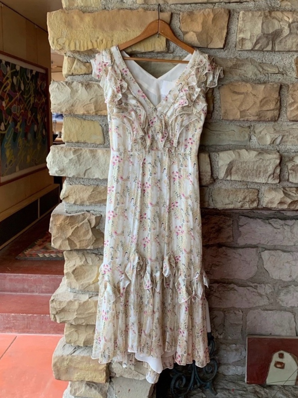 Anna Sui for Anthropology Floral Chiffon Midi Dress w/ Ruffles & Metallic Thread